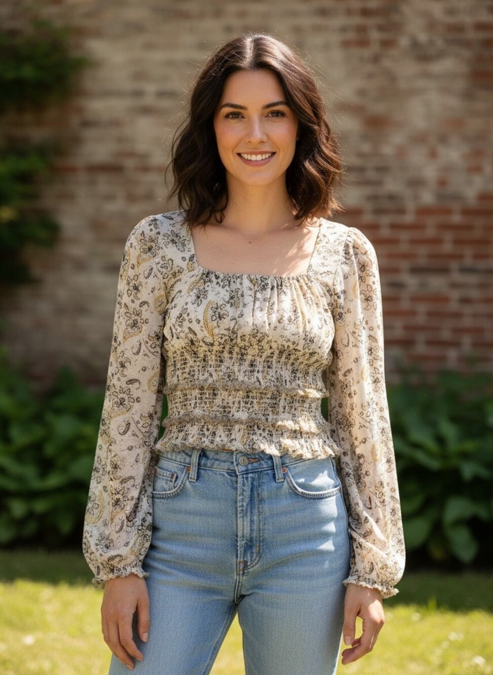 Free People Paisley Smocked Boho Peasant Top Large